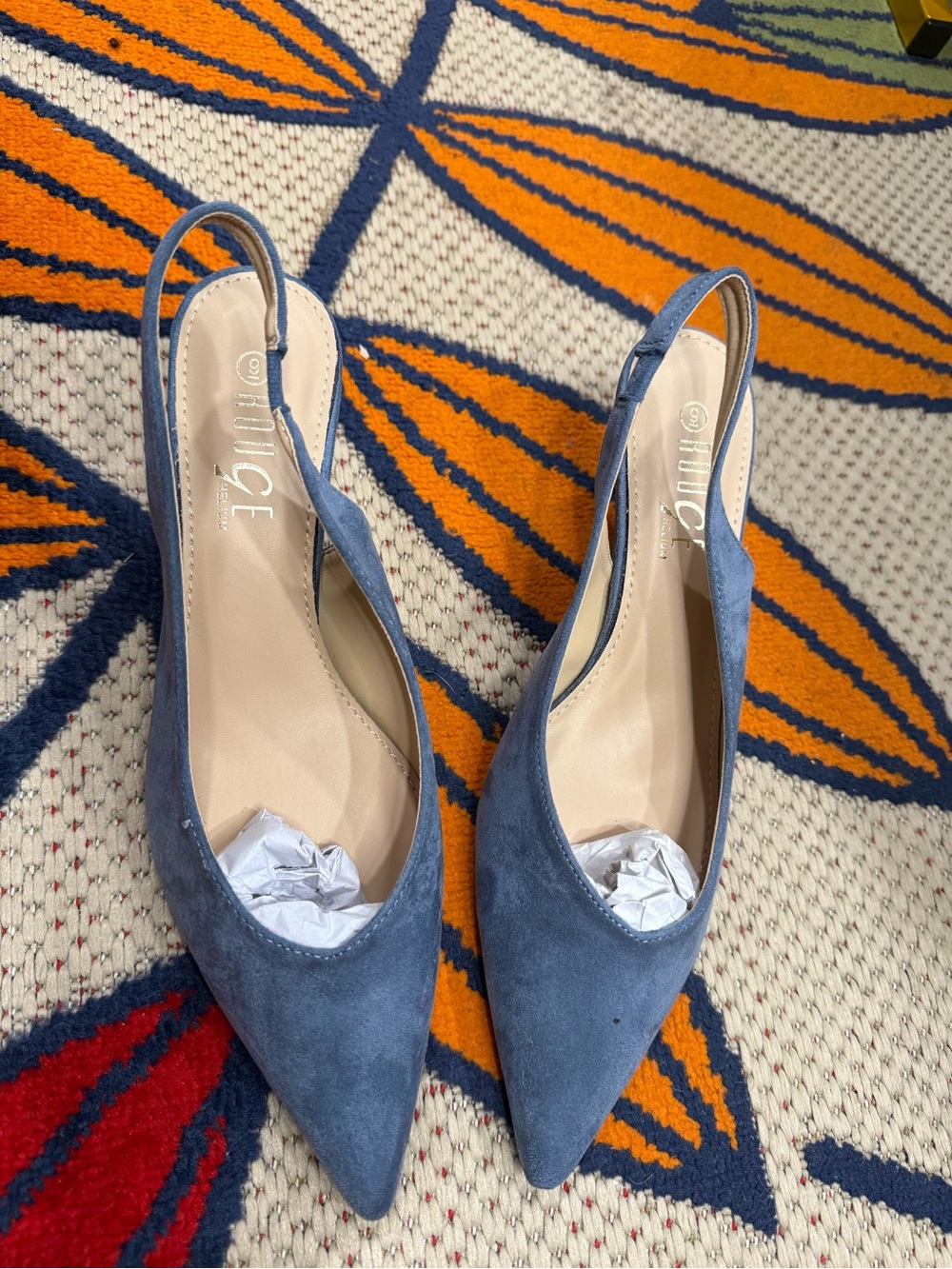 Rouge! Blue Suede Pointed Slingback Heels
